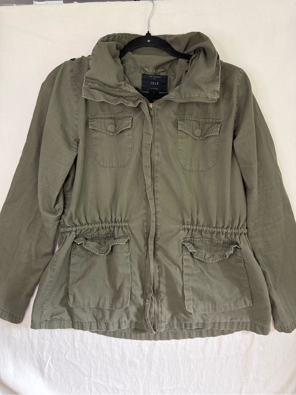 Iris Y2k Olive Green Utility Jacket w Drawstring Waist and Zip Away Hood Size L